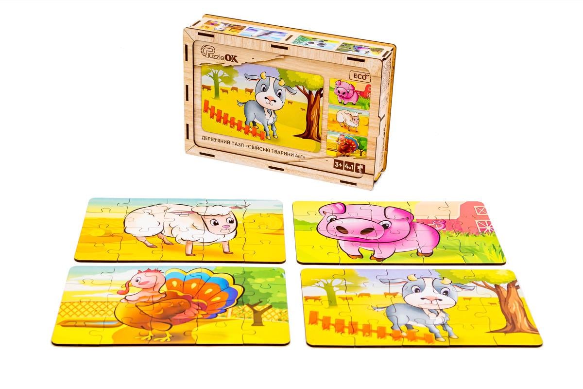 Пазл дерев'яний для дітей PuzzleOK Домашні тварини 4в1