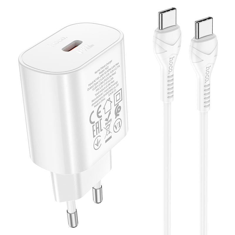 Зарядний пристрій мережевий з кабелем Hoco N22 Jetta PD25W charger set Type-C to Type-C EU White (6931474760081)