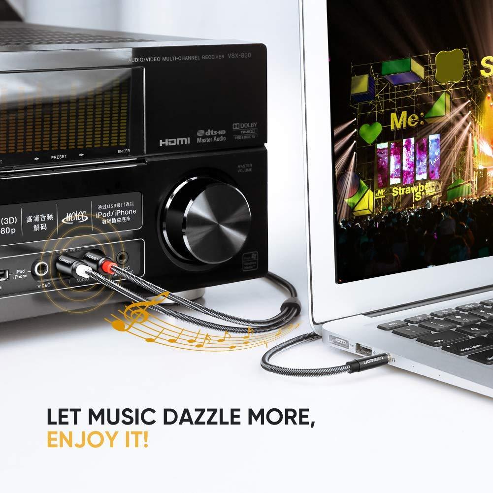 Аудио кабель 2 RCA-AUX miniJack AUX Hi-Fi Ugreen 2 м Черным (AV116) - фото 3 Аудио кабель 2 RCA-AUX miniJack AUX Hi-Fi Ugreen 2 м Черным (AV116) - фото 3