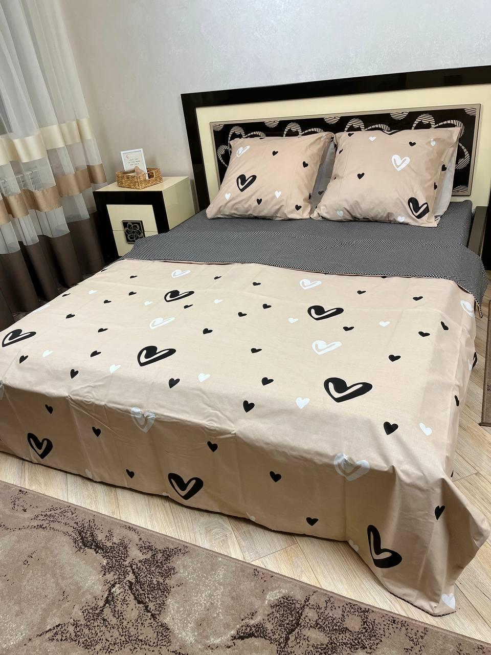 Комплект постільної білизни Серця простирадло на гумці євро 160x200х20/70х70 см Бежевий (14639544)