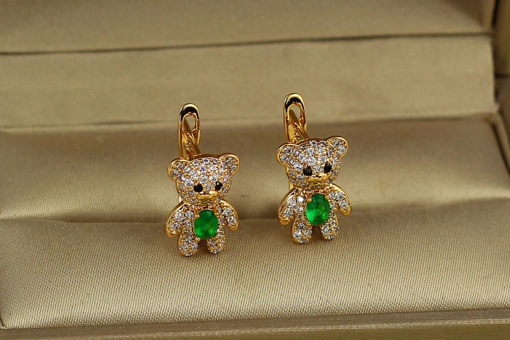 Серьги детские Xuping Jewelry медвежата с зеленым камешком 1,4 см Золотистый (29738418)