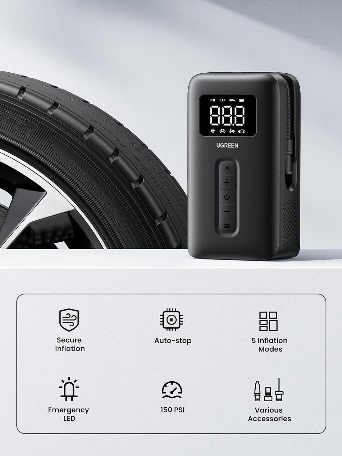 Насос автомобільний бездротовий UGREEN 150PSI з автоматичним вимкненням 2X 2500mAh Чорний (15951) - фото 3