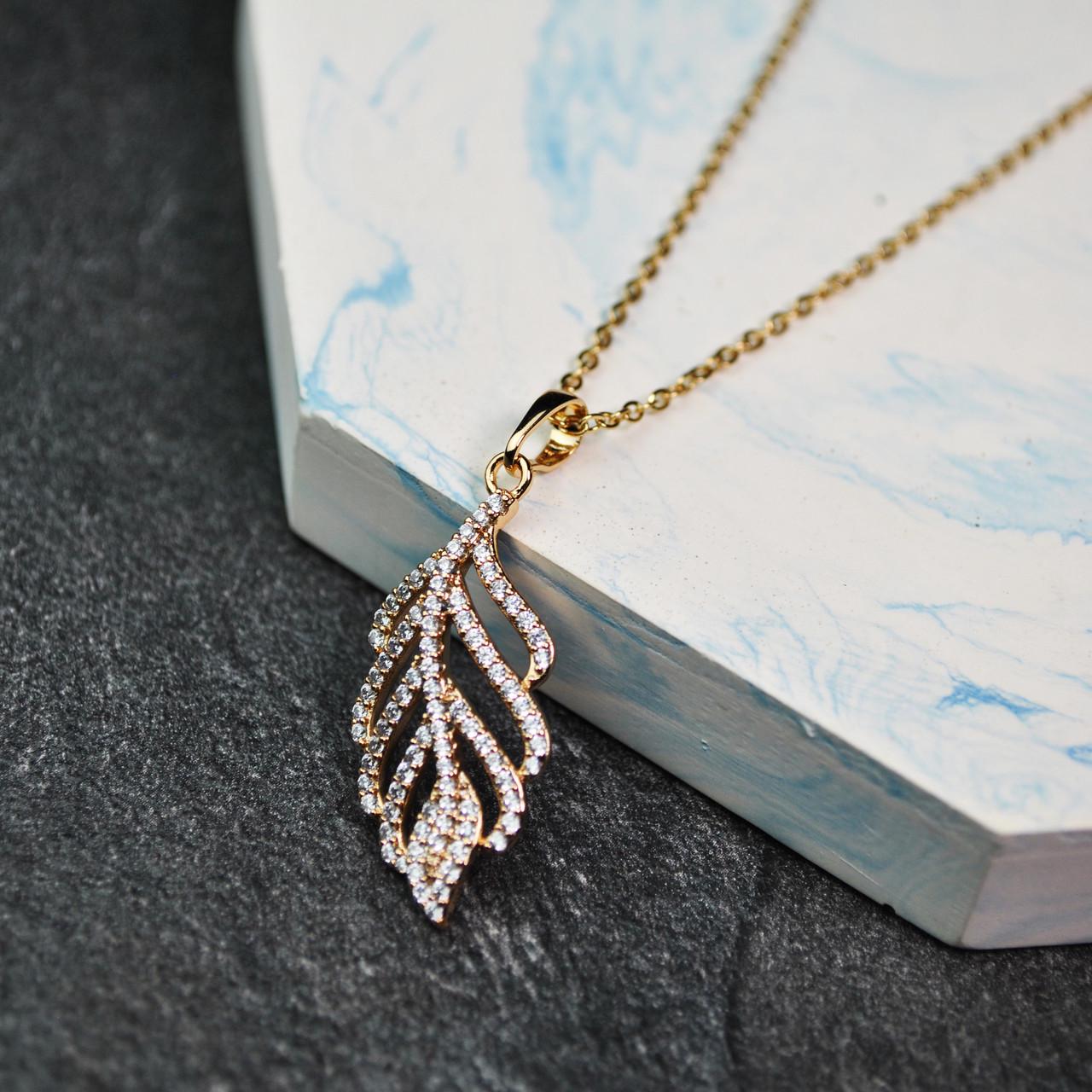 Кулон большое перо с фианитами на цепочке медицинская сталь позолота (x226-2)