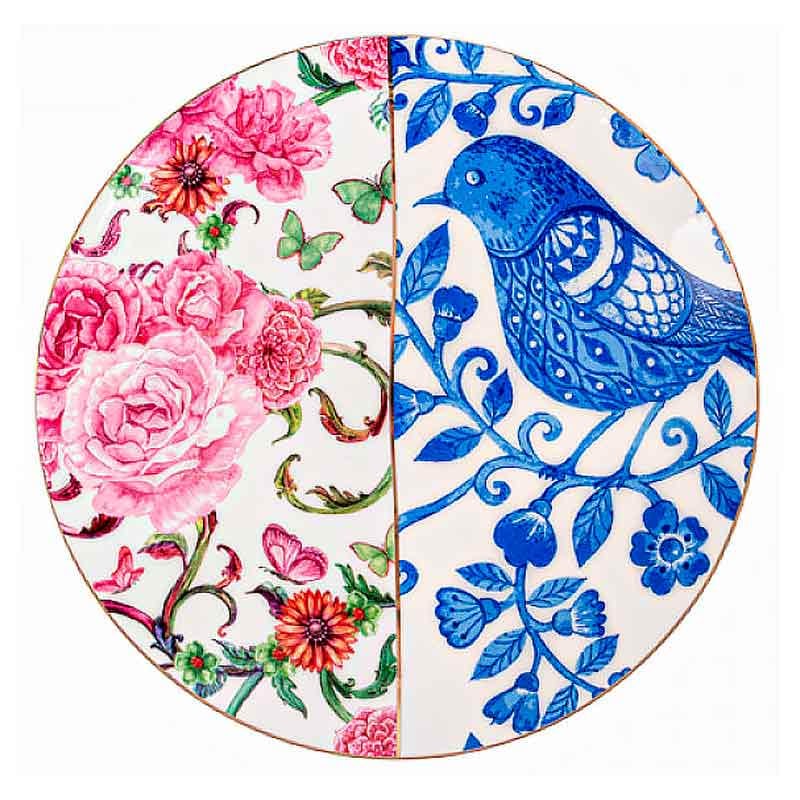 Сервировочная фарфоровая тарелка Light House Птица гжель с розами 26 см Розовый/Синий (925-045)