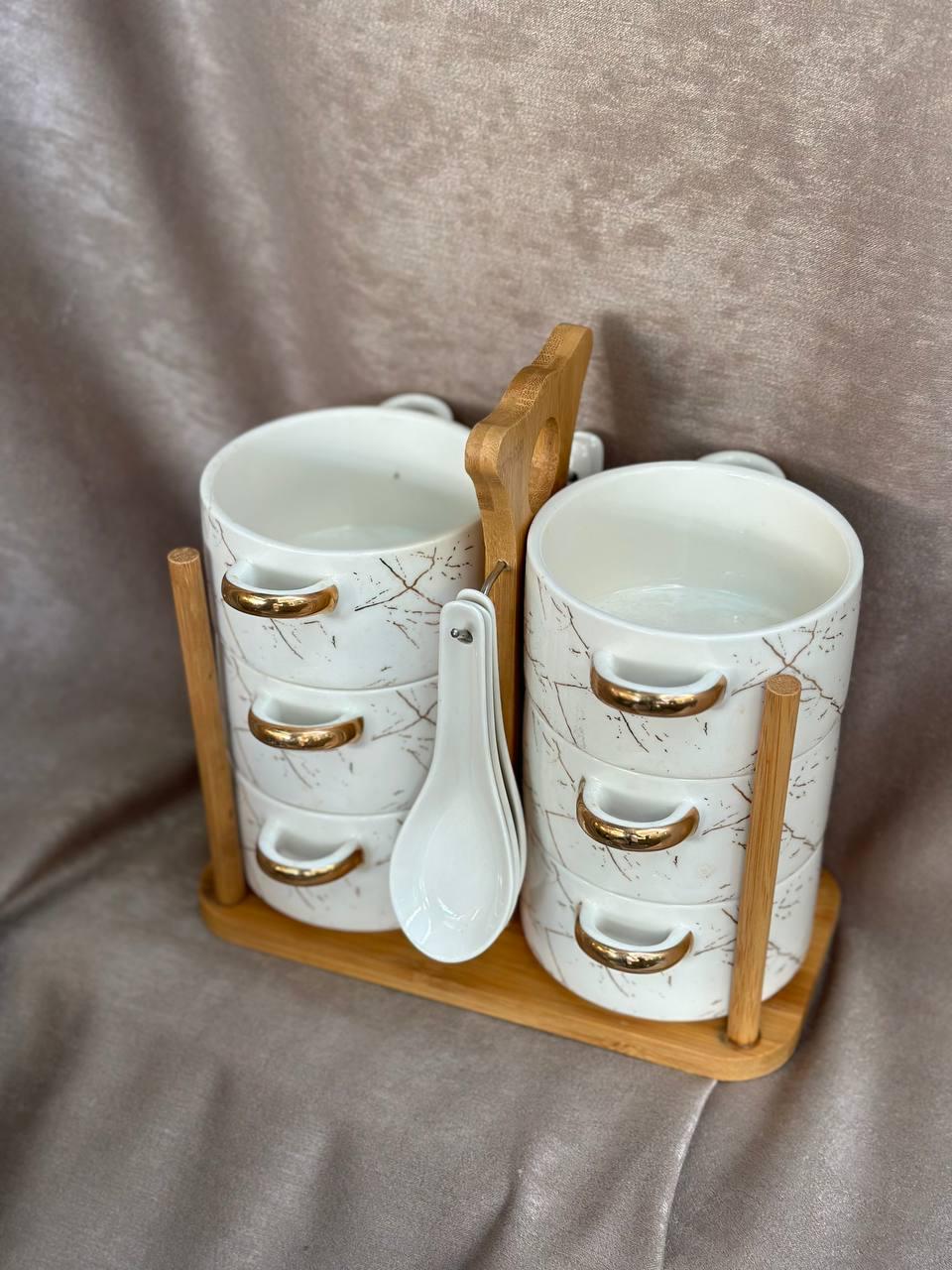 Набір бульйонниць Yiwu HP1229 керамічних з ложками для супу на підставці 12 пр. Білий (21265384)