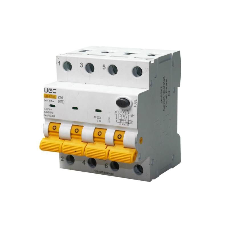 Дифференциальный выключатель UEC SB-R9NE 4P 16А 10мА 6кА тип АС (RCBO60-4-016-C-010-AC)