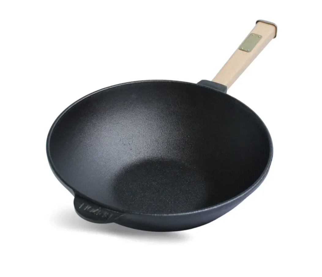 Сковорода чавунна Brizoll WOK 2,8 л з дерев’яною ручкою зручна для смаження та тушкування