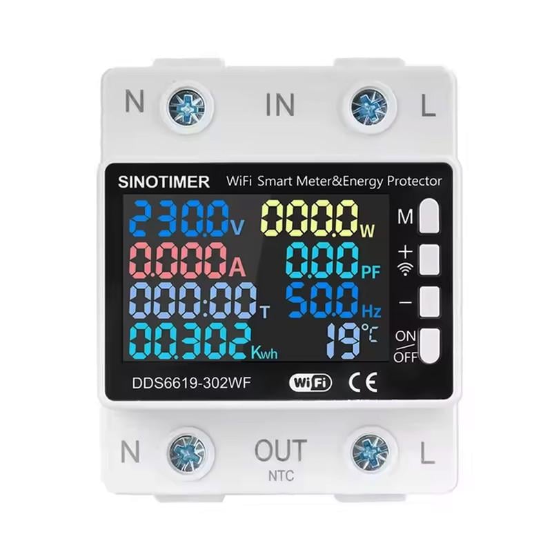 Реле умное WiFi Sinotimer с полной защитой/счетчиками/таймером/датчик NTC 1P+N 63A 230V Smart Life/Tuya (DDS6619-302WF)