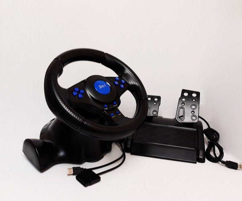 Руль игровой Vibration Steering Wheel c педалями газа и тормоза Черно-синий (00329) - фото 3