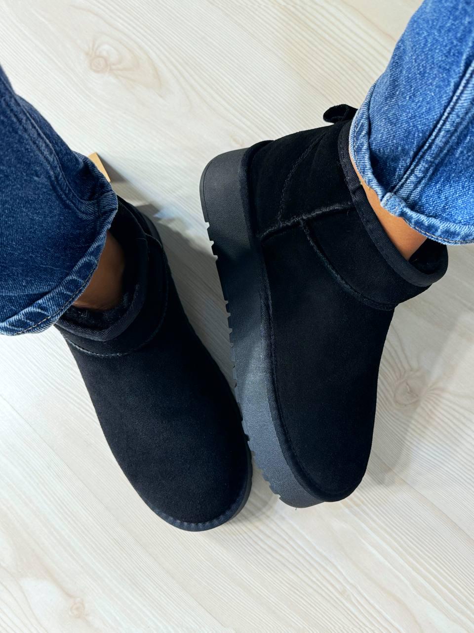 Угги женские Hengji 25-1 натуральная замша короткие на высокой подошве р. 37 Черный (5101) - фото 5