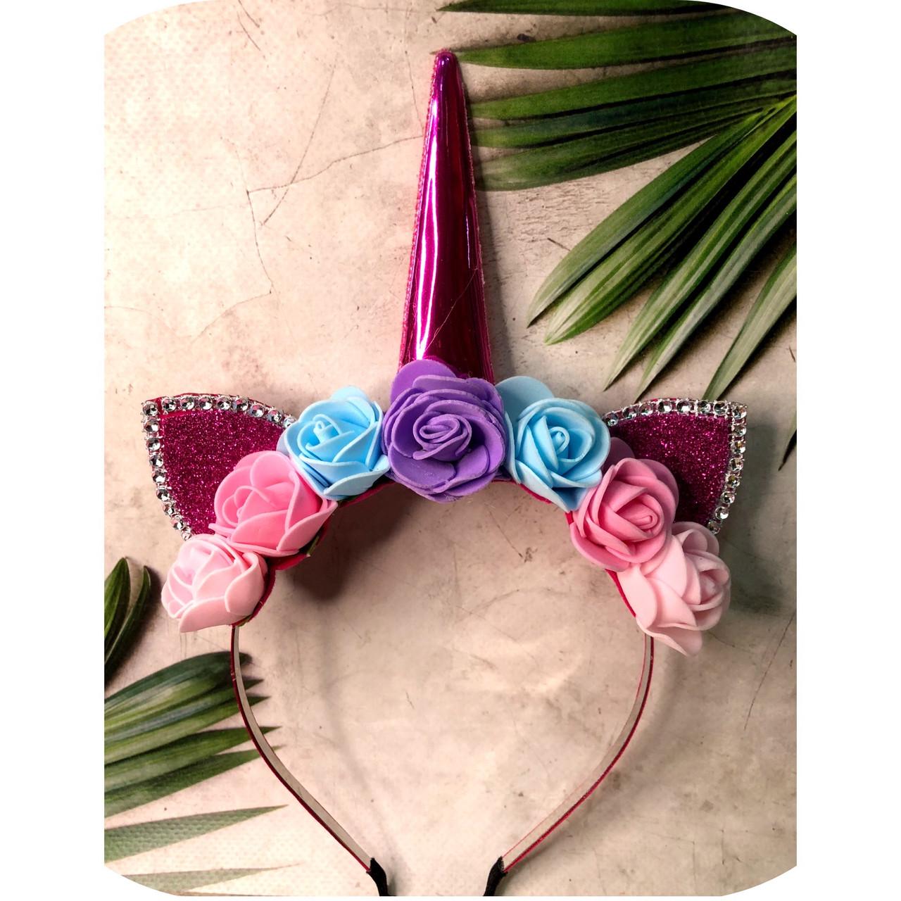 Обруч с Рогом, ушками и цветами из фоамирана Разноцветный (7417897)