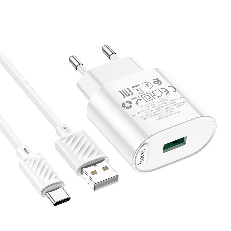 Зарядний пристрій Hoco Type-C Cable Fighter C109A 1USB 18W 3A QC White (562214) - фото 2 Зарядний пристрій Hoco Type-C Cable Fighter C109A 1USB 18W 3A QC White (562214) - фото 2