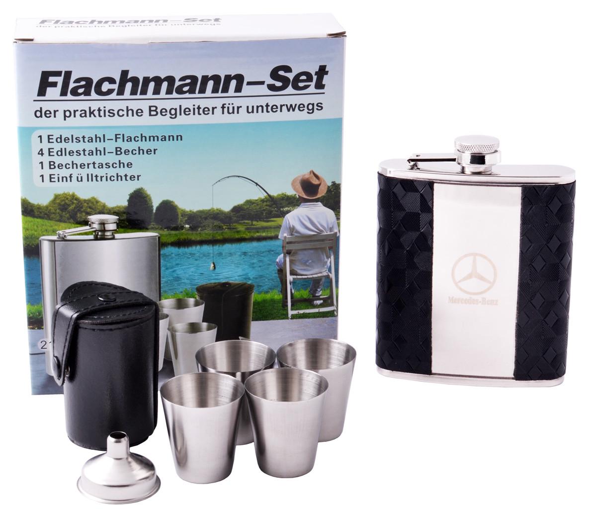 Набір фляга та 4 стопки Mercedes 210 мл Чорний/Нержавіюча сталь