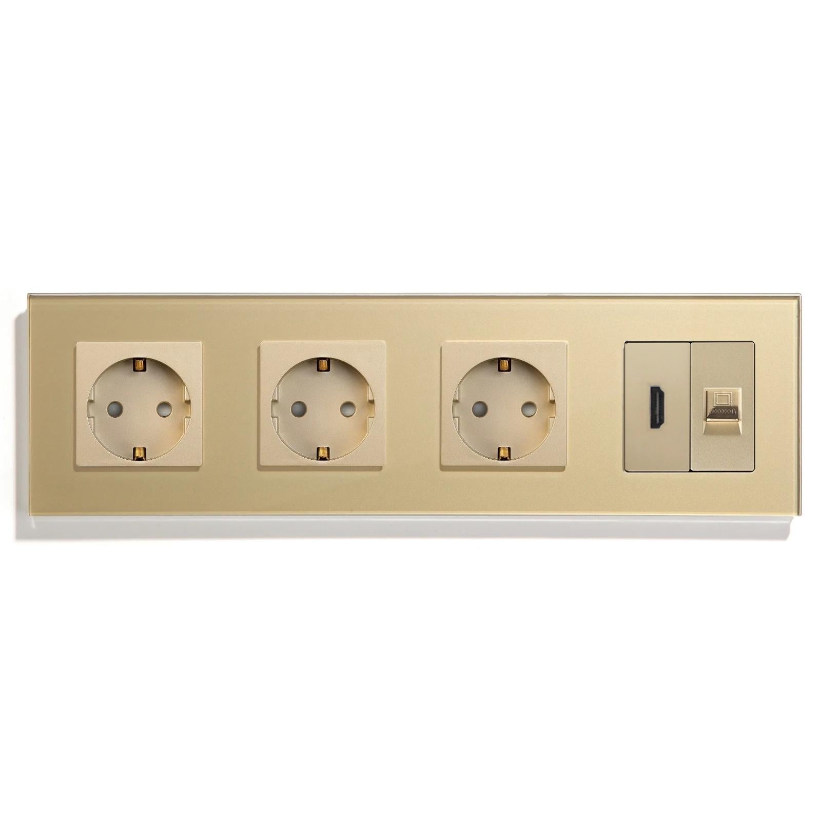 Розетка четырехместная LUXION с HDMI/интернет RJ-45 настенная стеклянная рамка Золотой (LX-M4FHDMICAT6-GD)
