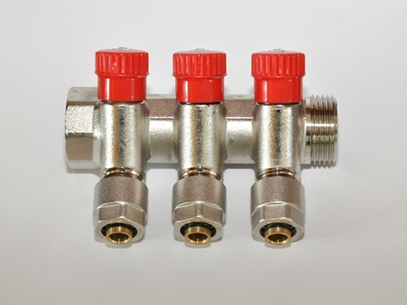 Колектор з кранами Aqua-World 3 виходи 3/4x16 мм розбірний фітинг Pexal Red (ТК208-3К)