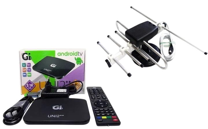 Комплект Смарт AndroidTV/Т2 тюнер GI UNI 2++ 2/16 TM/Антенна комнатная Волна-2 с тв-кабелем (1051)