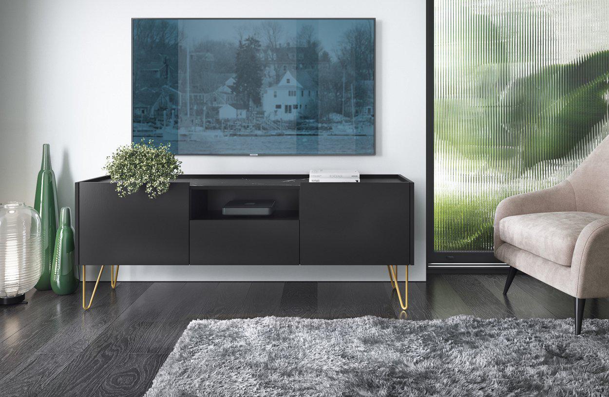 Тумба под телевизор Perfect Home Harmony RTV144 1-дверная с 2 ящиками и золотыми ножками Черный/Черный мрамор роял (PFH-091179)