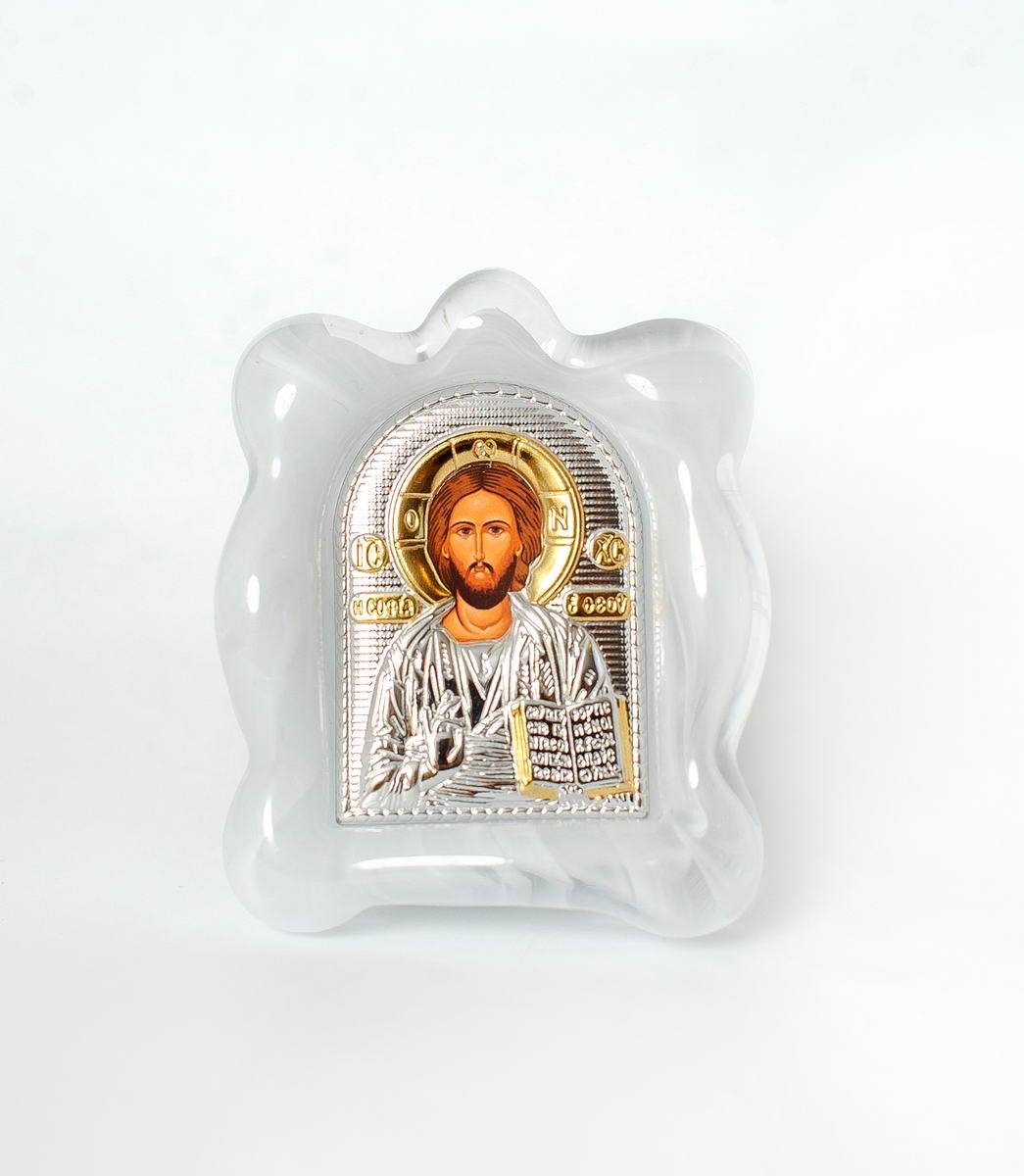 Ікона срібна Спаситель Ісус в білому муранському склі 7х9 см (EP1-001MAG-4/P)