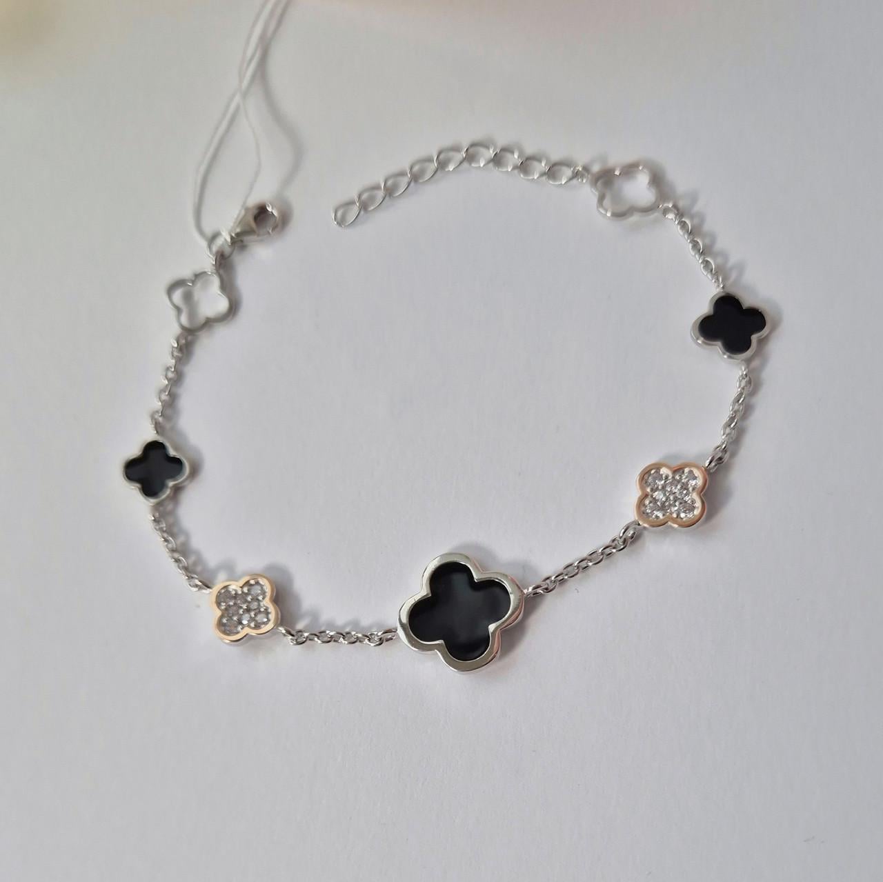Браслет серебряный женский клевер с золотой пластиной и черной эмалью серебро 925 пробы 16,5-19,5 см (680б)