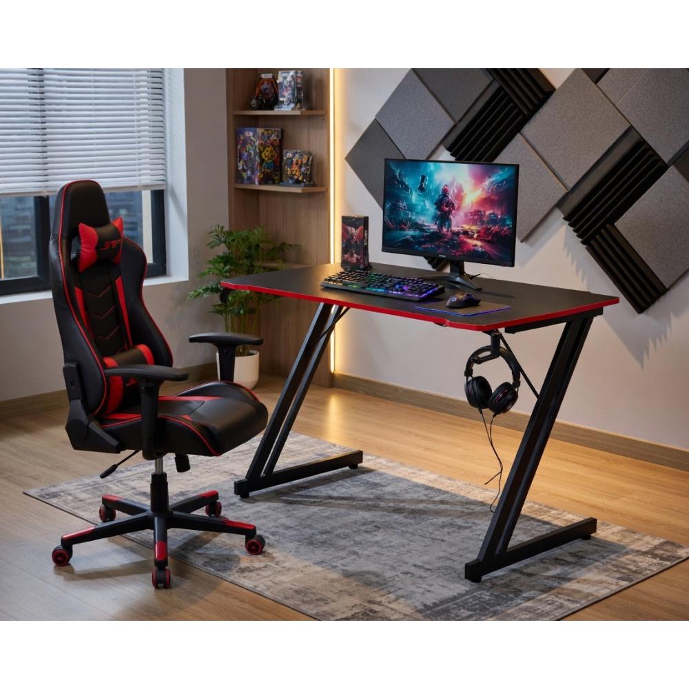 Комп'ютерний стіл ігровий ThroneX з карбоновим покриттям/гачком для навушників/підстаканником Чорний з червоним (30596)