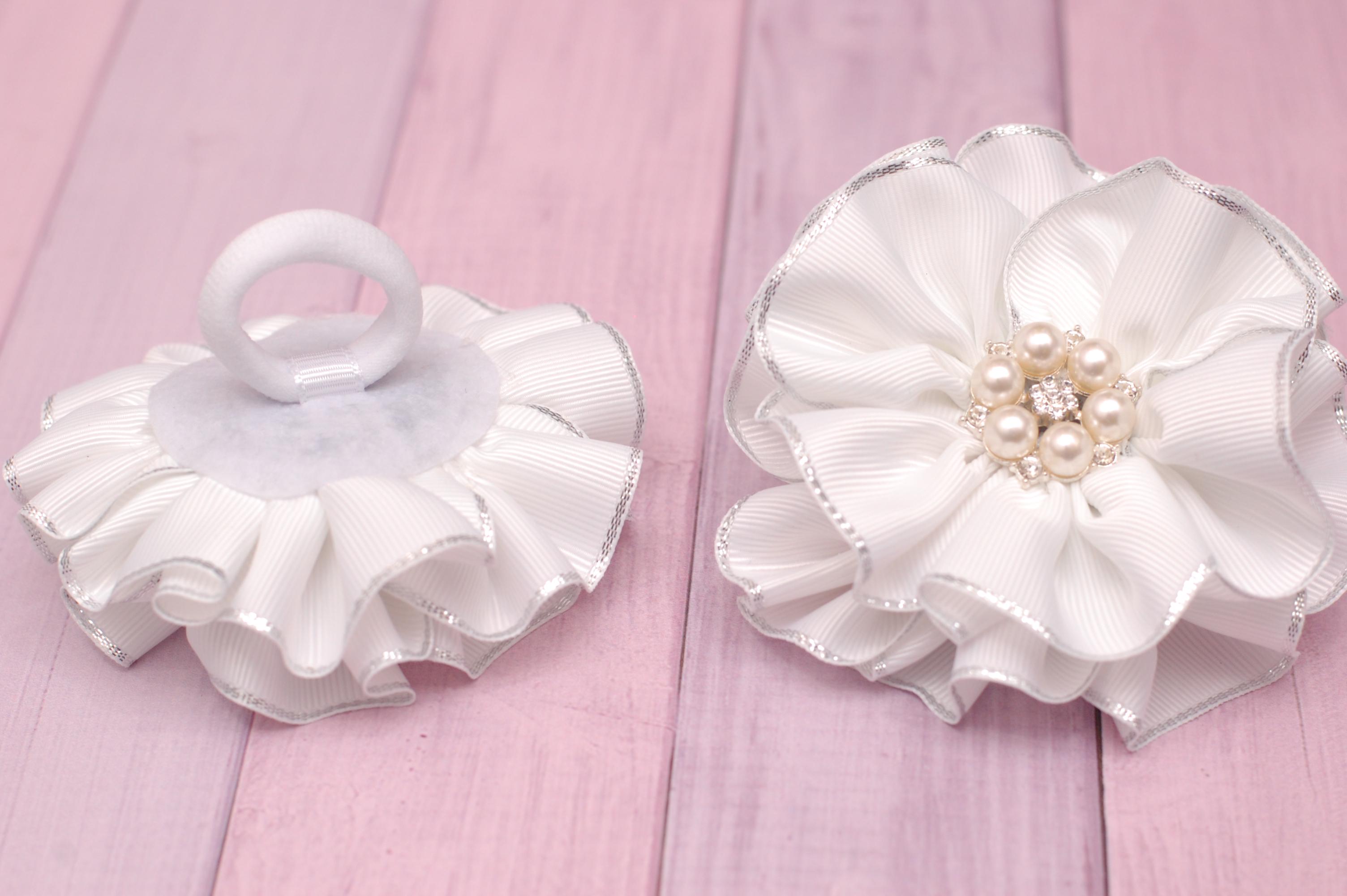 Банты на резинке для волос с жемчугом и стразами 2 шт. Белый (874об) - фото 2