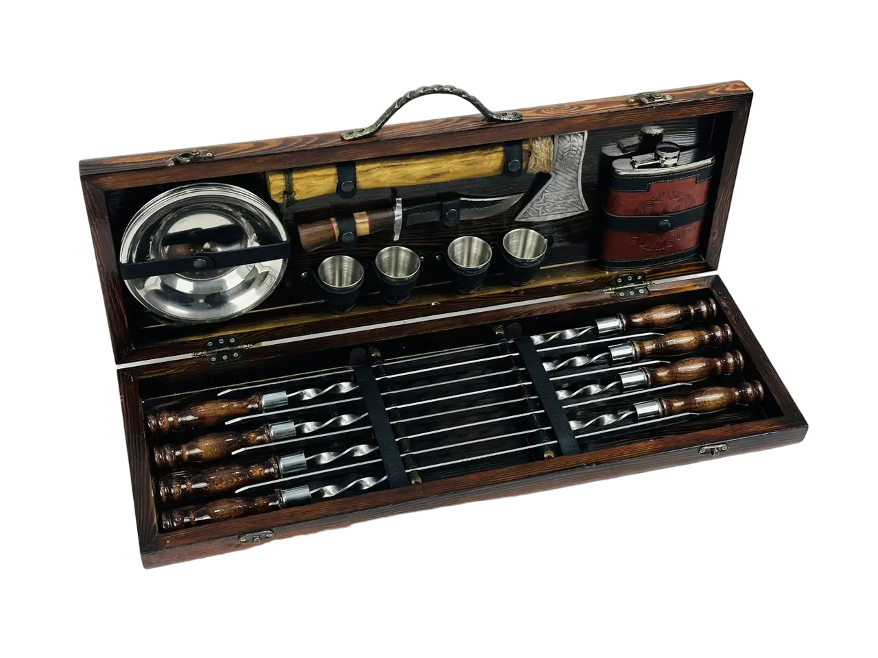 Набір шампурів у кейсі Венге люксовий на шкіряних ременях дерев'яний з нержавіючої сталі (2-10-KS-7906)
