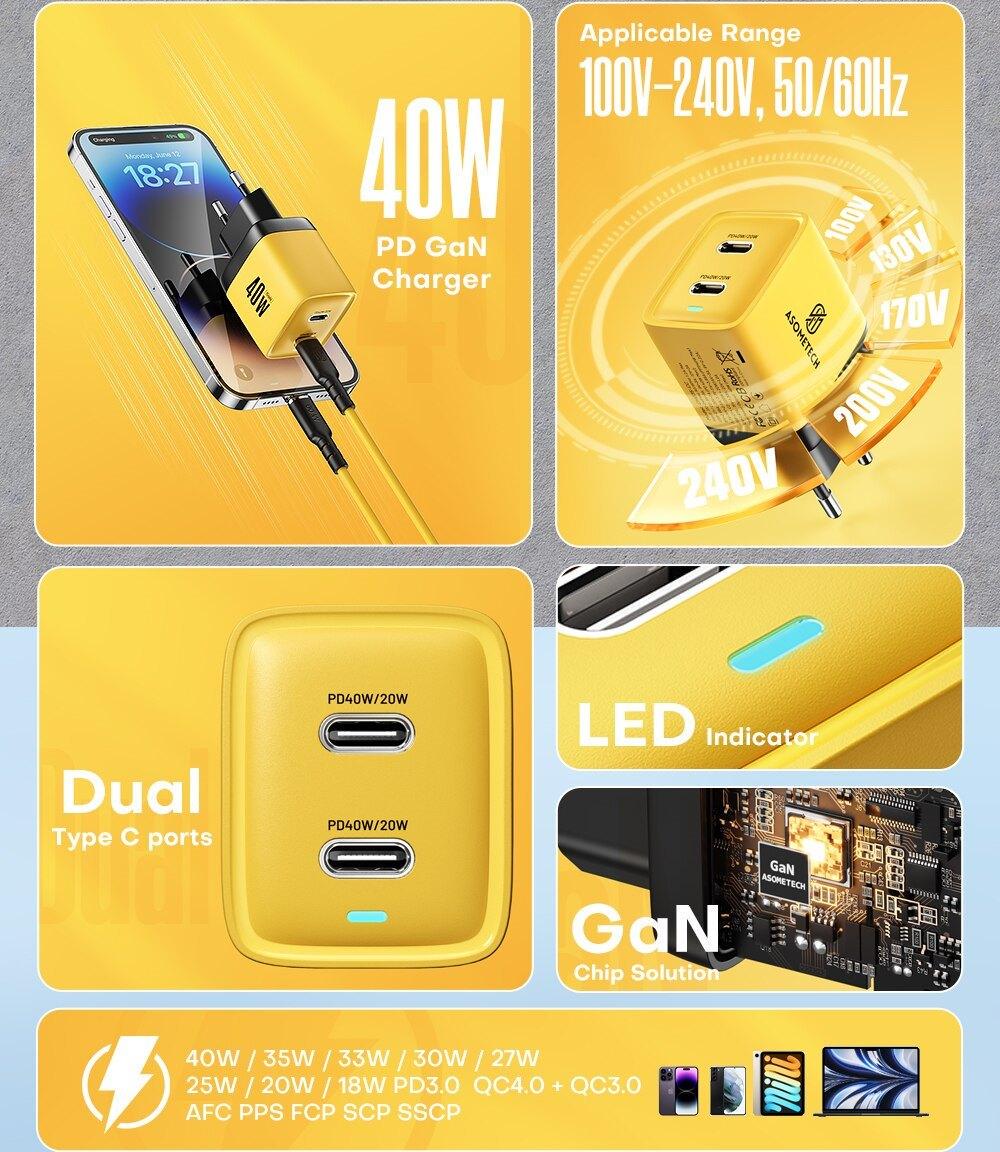 Зарядний пристрій мережевий Asometech GAN 40W 2 type-c Yellow (25397315) - фото 7 Зарядний пристрій мережевий Asometech GAN 40W 2 type-c Yellow (25397315) - фото 7