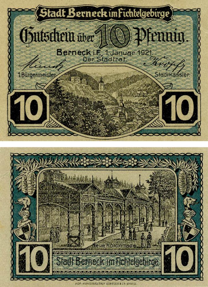 Коллекционная банкнота Германия Нотгельд 10 пфеннигов 1921 F-VF Бернекк-им-Фихтельгебирге (Б18490)