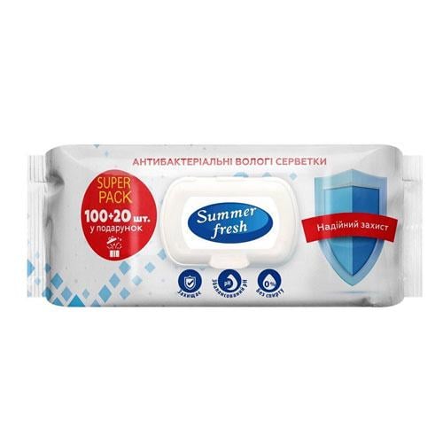 Вологі серветки Summer Fresh Антибактеріальні з клапаном 120+20 шт. (591769)