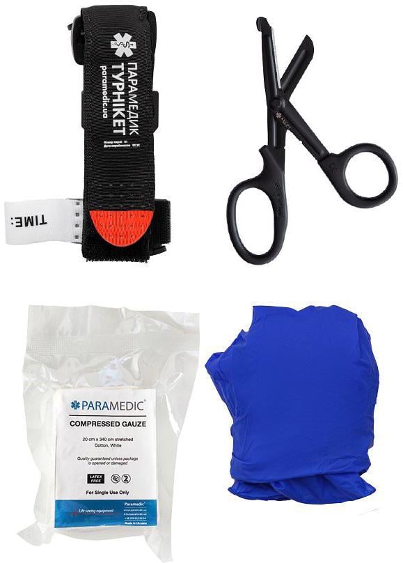 Комплект кровоостанавливающий Парамедик 3.0 (жгут-турникет Парамедик/ножницы/перчатки/бинт для тампонады Paramedic Compressed Gauze)