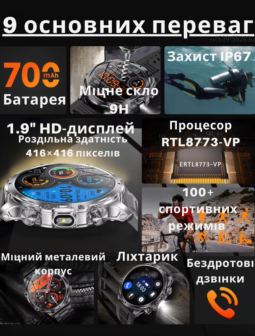 Смарт-годинник чоловічий військовий Modfit Tactic Blaze з компасом/функцією дзвінка та ремінцями 2 шт. залізний і силіконовий Чорний (1077-0322) - фото 6 Смарт-годинник чоловічий військовий Modfit Tactic Blaze з компасом/функцією дзвінка та ремінцями 2 шт. залізний і силіконовий Чорний (1077-0322) - фото 6