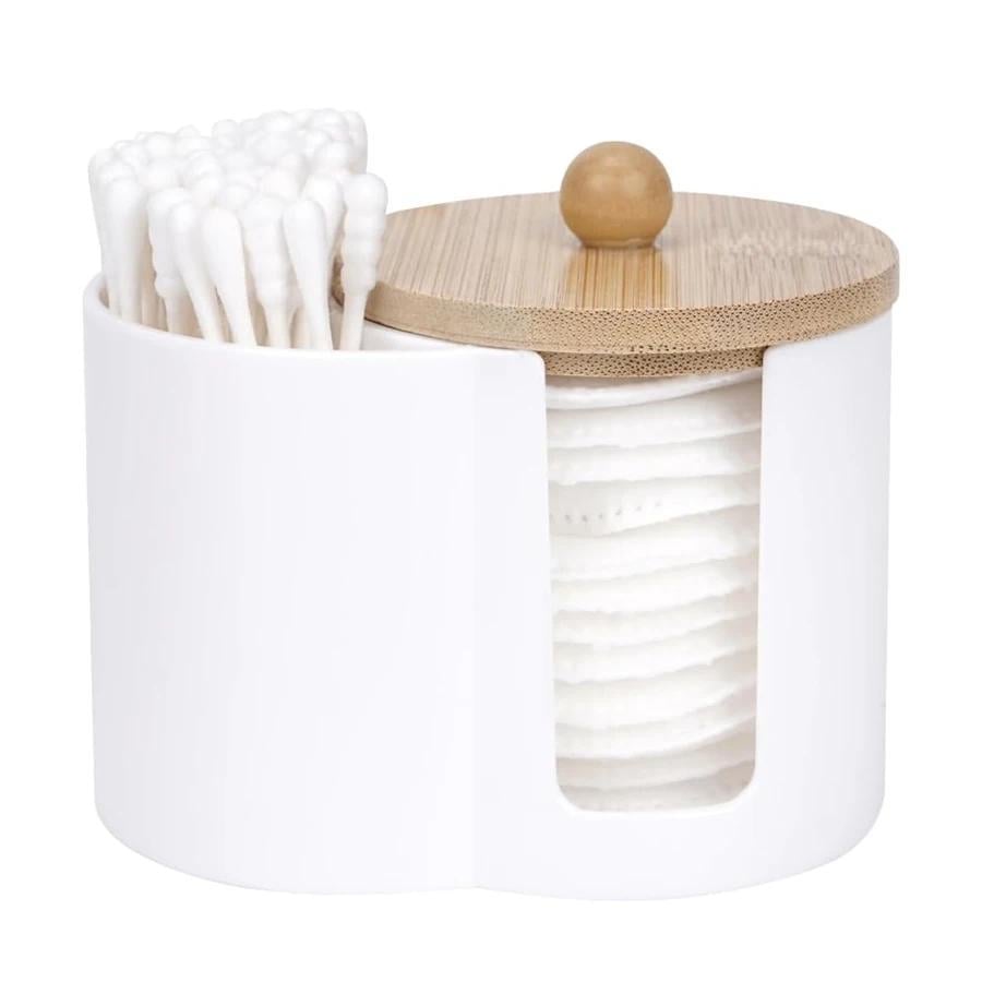 Органайзер для ватных дисков и ватных палочек пластиковый с деревянной крышкой 10х7х6,5 см Белый (D-0127) Органайзер для ватных дисков и ватных палочек пластиковый с деревянной крышкой 10х7х6,5 см Белый (D-0127)