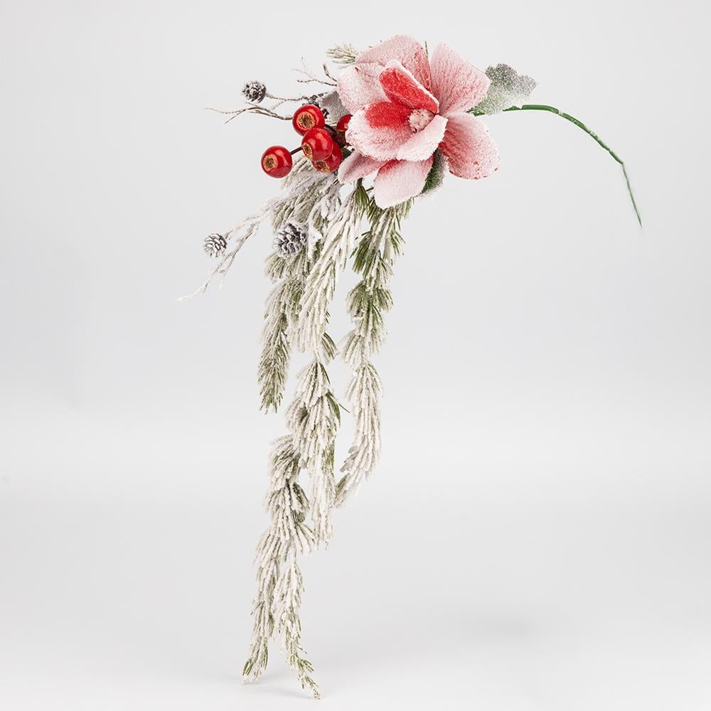 Ветка декоративная свисающая Заснеженная магнолия 73 см Красный