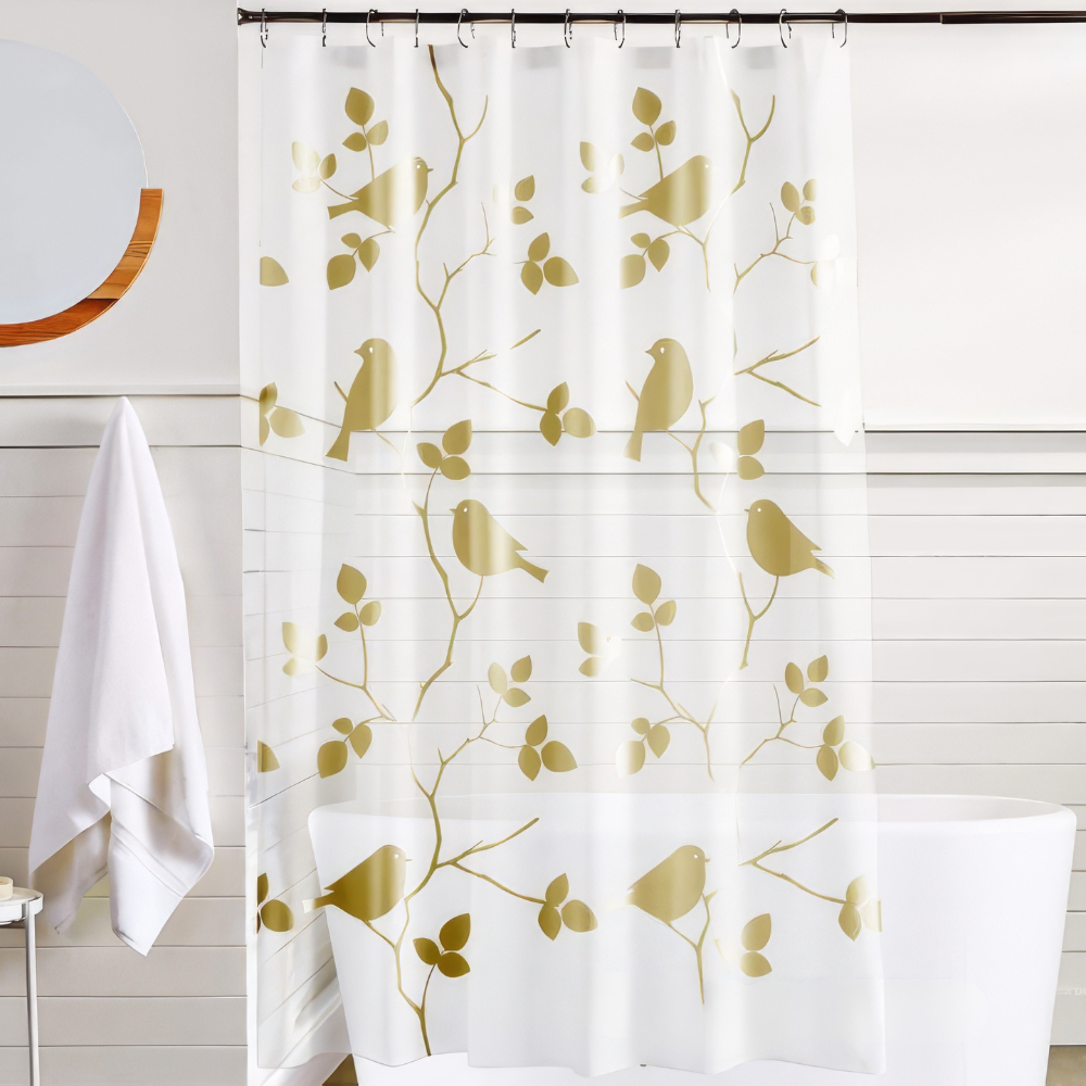 Шторка для ванної та душу з PEVA з пластиковими гачками із золотистим принтом 180x180 см Білий Шторка для ванної та душу з PEVA з пластиковими гачками із золотистим принтом 180x180 см Білий