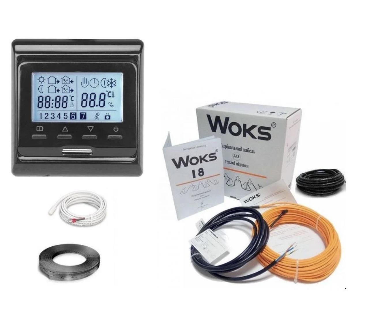 Тепла підлога Woks нагрівальний двожильний кабель 18 Вт/м 8,6-12,3 кв. м/1740 Вт 98 м з програмованим терморегулятором Black (73653)