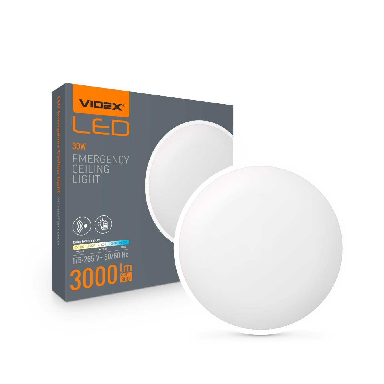 LED-светильник аварийный накладной Videx с датчиком движения 30W 2700-6500K 220V (VL-CLR-EM300-2)