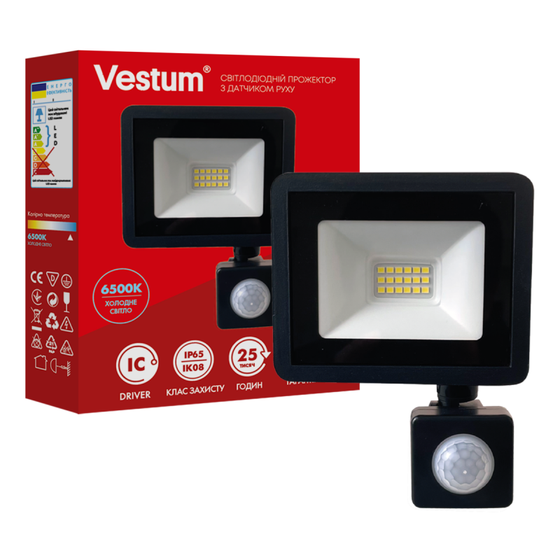 Прожектор светодиодный с датчиком движения Vestum 20W 1600Lm 6500K 180-260V IP65 (1-VS-3020) - фото 1 Прожектор светодиодный с датчиком движения Vestum 20W 1600Lm 6500K 180-260V IP65 (1-VS-3020) - фото 1