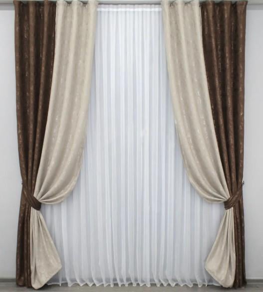 Шторы в гостиную/спальню 1,5х2,7 м 2 шт. Коричневый/Бежевый (014дк/1177-1173ш)