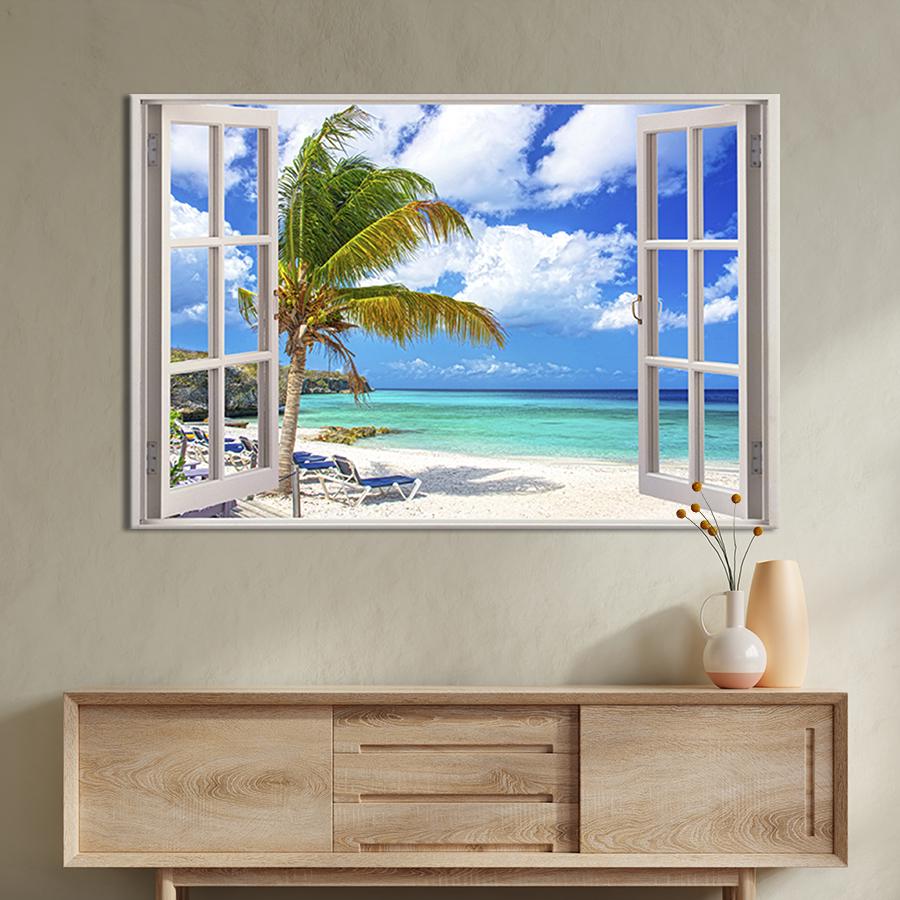 Настенный декор картина на холсте для интерьера Окно на тропический пляж 80x54 см (443-1)
