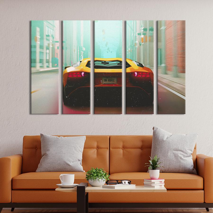 Картина на холсте Жёлтая Lamborghini на улице мегаполиса 132x80 см (1342-51)