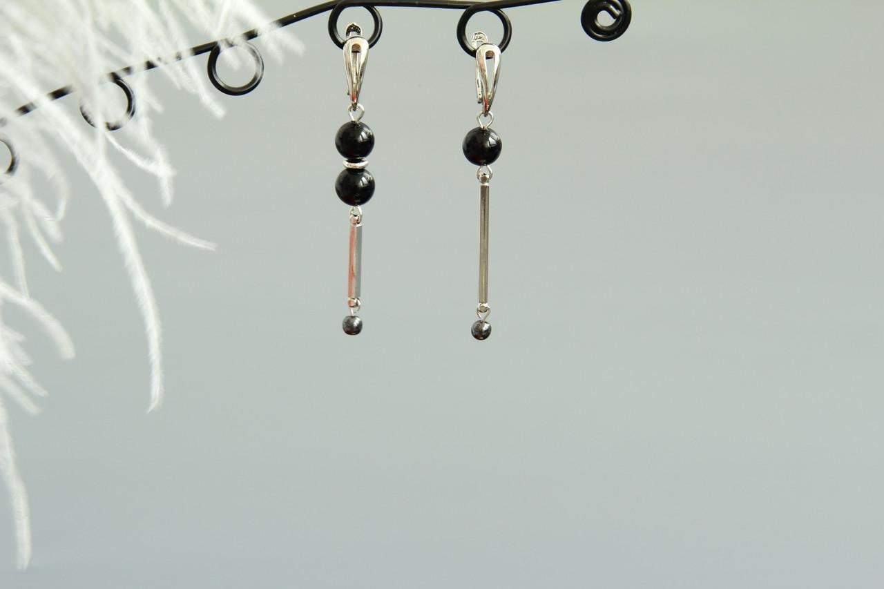 Сережки родій асиметричні з натуральним агатом та гематитом Коул ручна робота (ER-0109)