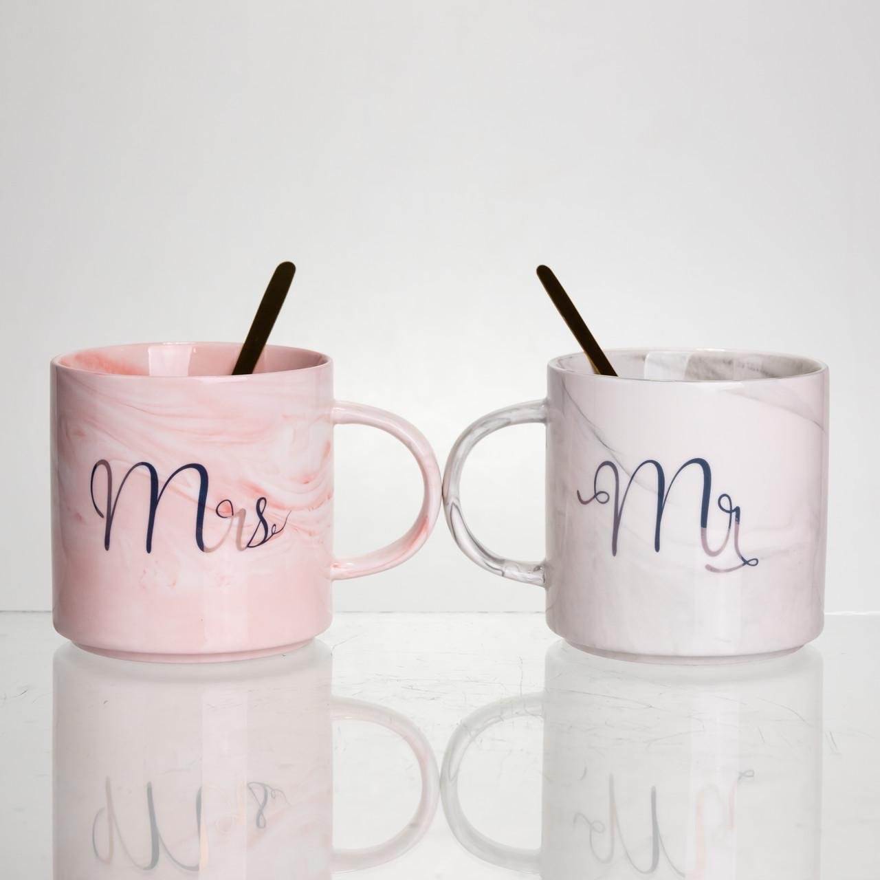 Набір парних порцелянових чашок Light House Mr&Mis LG-30149 PK/GR з ложкою 400 мл Рожевий/Сірий