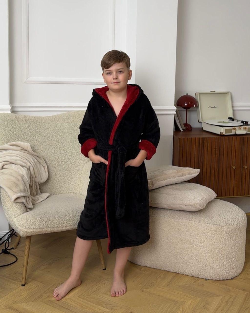 Халат банный детский с капюшоном 146-152 см Черно-красный (П4К-rob-hl-006-03)