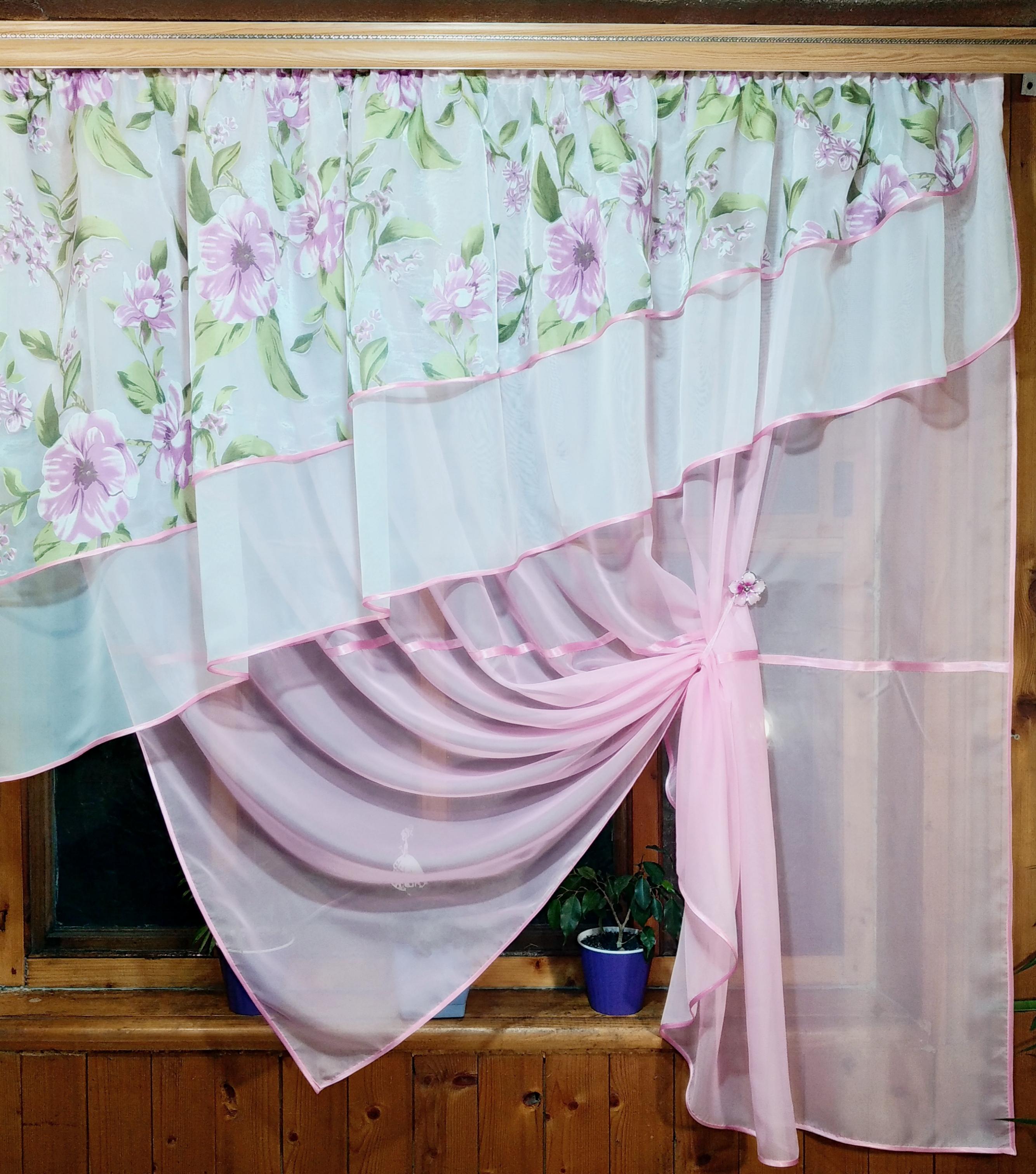 Занавеска кухонная готовая короткая Алия Розовый/Яблочный - фото 2 Занавеска кухонная готовая короткая Алия Розовый/Яблочный - фото 2