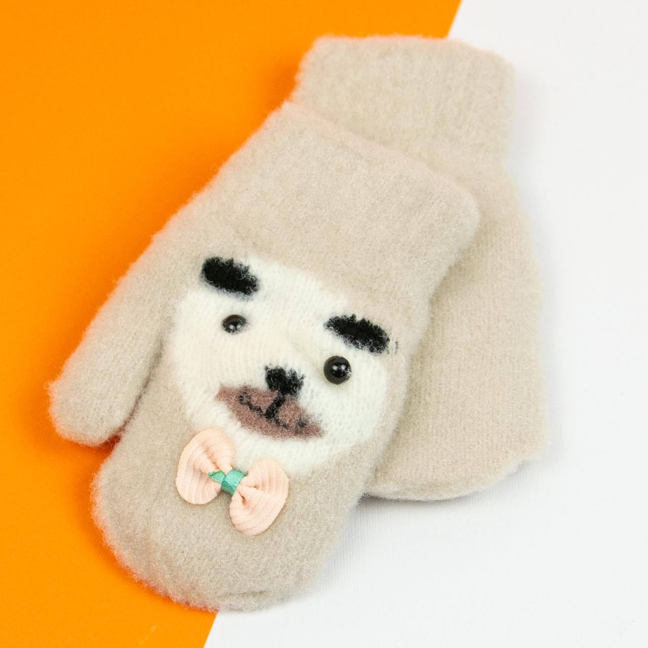 Варежки детские на 4-6 лет зимние на веревочке Медвеженок 21-7-9а Бежевий (DR010076)