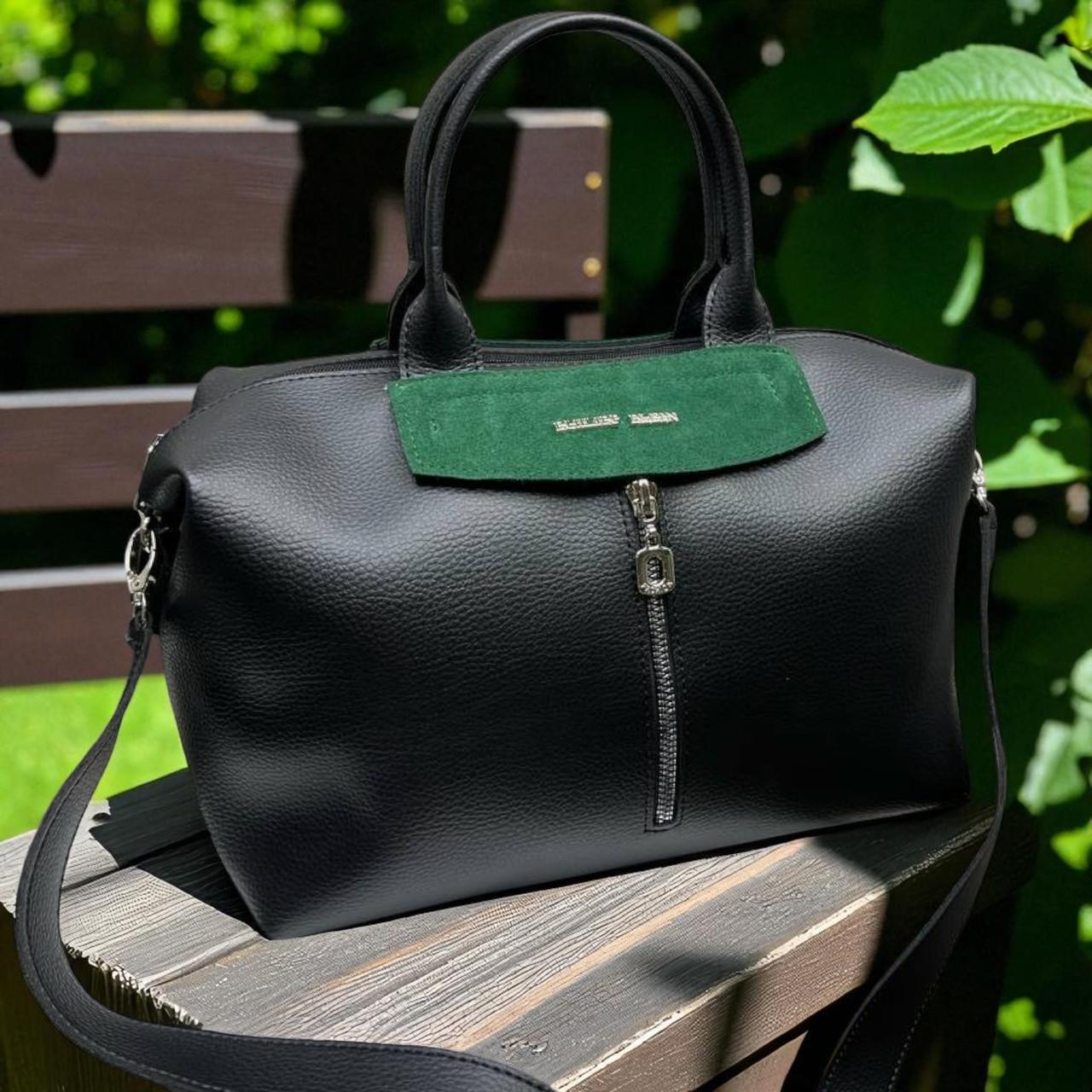 Сумка саквояж женская объемная из экокожи через плечо дорожная вместительная Черный с зеленым Сумка саквояж женская объемная из экокожи через плечо дорожная вместительная Черный с зеленым