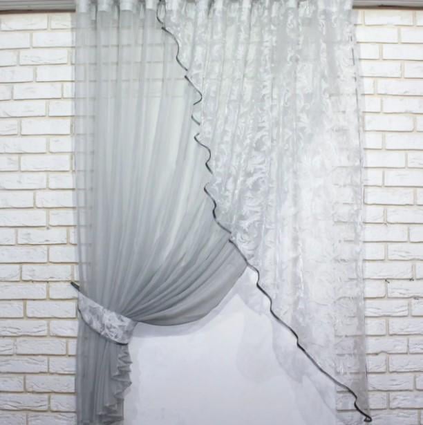 Занавеска кухонная с подвязками 280х170 см Серый/Белый (069к)