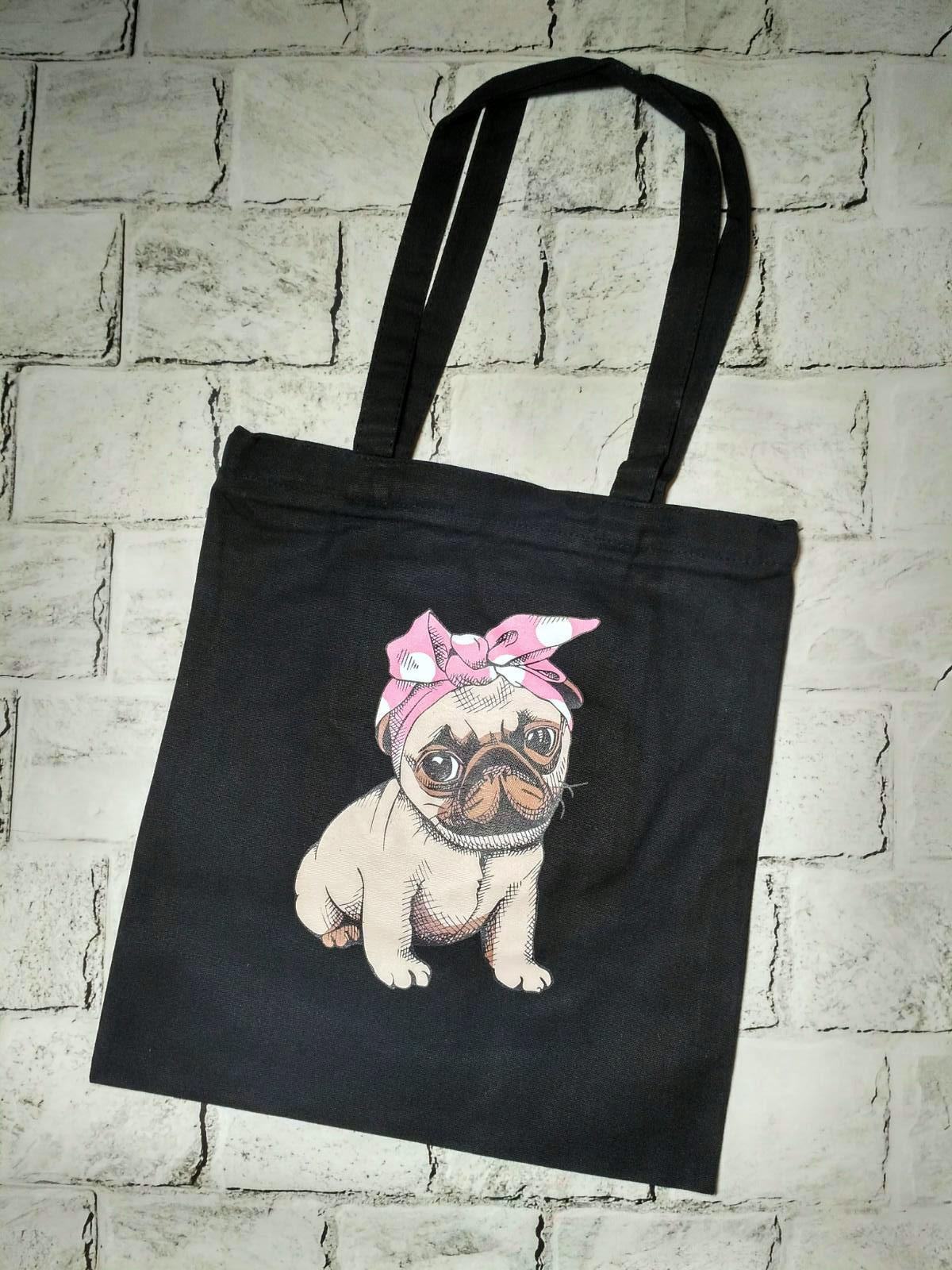 Эко-сумка шоппер на молнии Мопс 35х38 см Черный (25-140) Эко-сумка шоппер на молнии Мопс 35х38 см Черный (25-140)