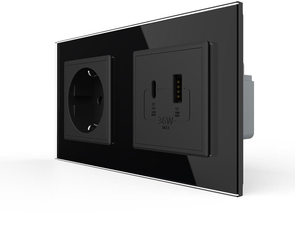 Розетка настенная LIVOLO с USB-A/USB-C Power Delivery 36W дизайнерская стеклянная рамка Черный (VL-C7FCTC16A/FCUA18W.UC18W-4BP)
