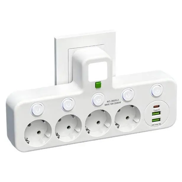 Сетевой переходник RIAS 8625UL LED 4 розетки 2 USB 1 Type-C 2500W White (3_07878)